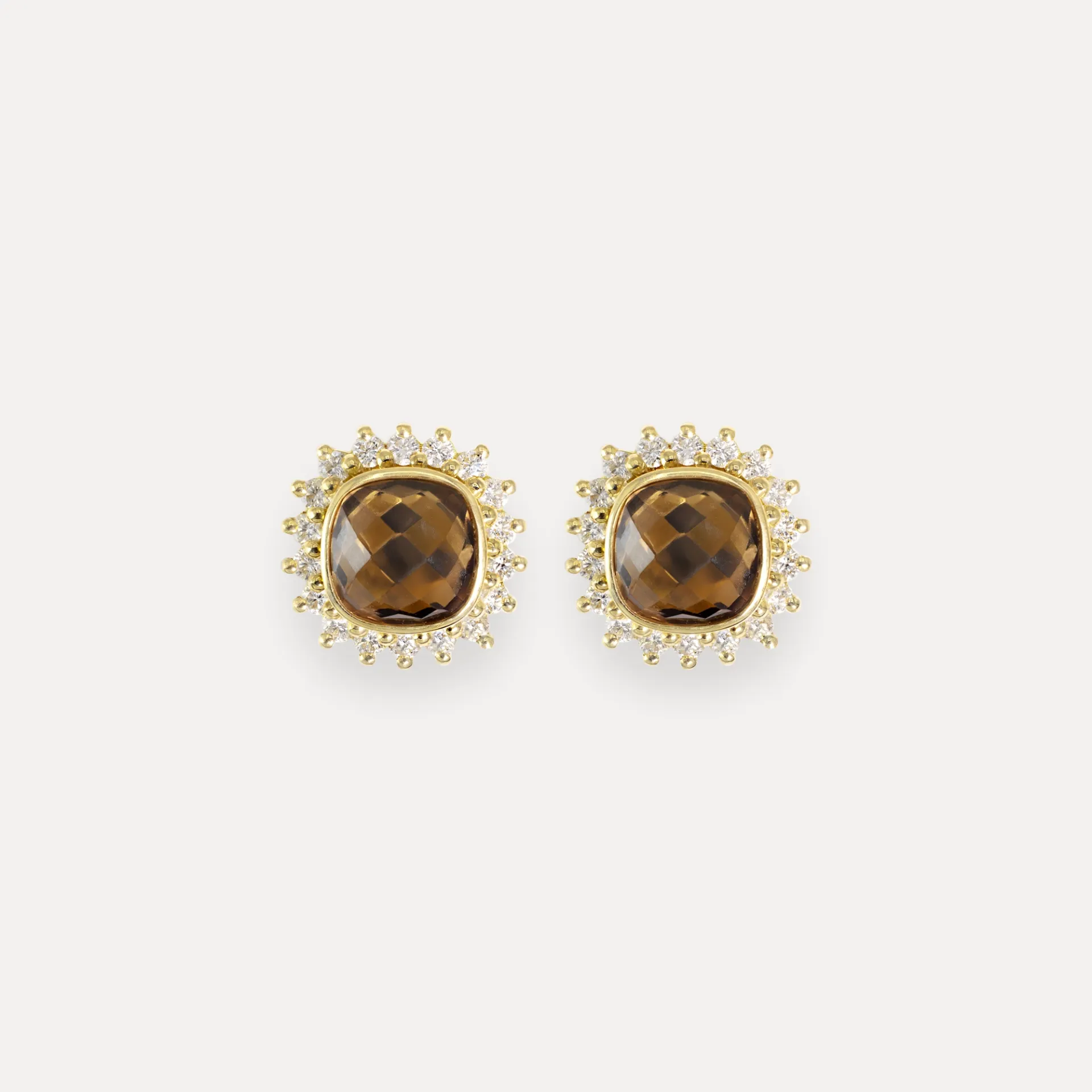 Boucle d'oreille or jaune 18Kt. 3,8g quartz fumé diamant 0,41ct.
