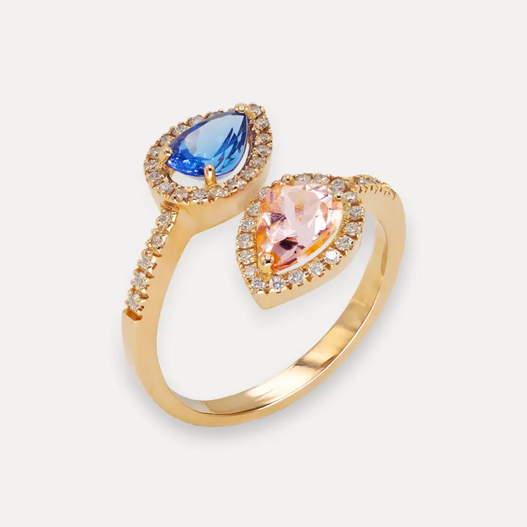 Bague or rose 18Kt. 4,1g morganite tanzanite 1,4ct. diamant 0,34ct.
